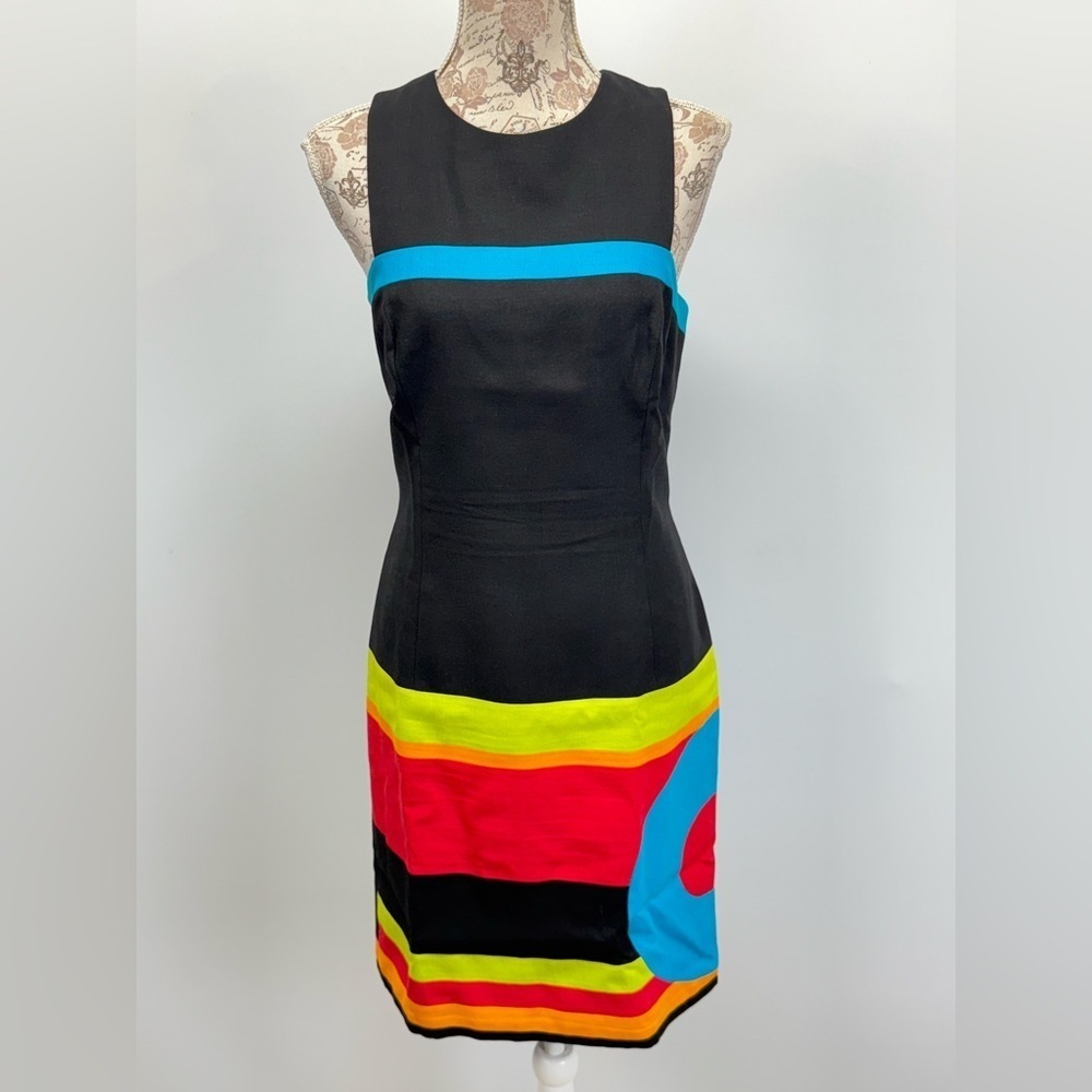 DAVID MEISTER Black multi color sleeveless geometric print dress size
